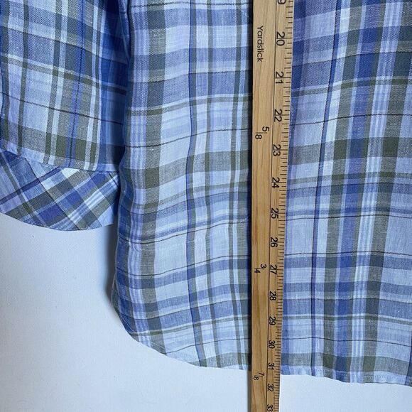 J Jill Love Linen Tunic Shirt S Blue Plaid Roll-Tab Sleeve Coastal Cottagecore - Picture 5 of 11